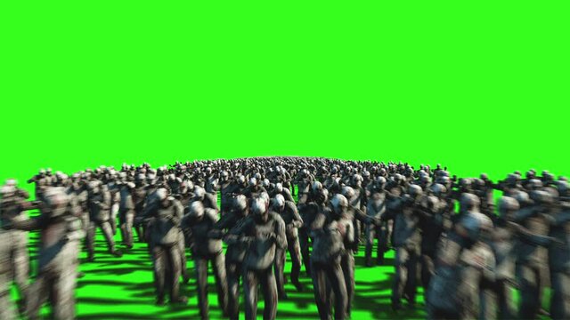 A large crowd of zombies. Apocalypse, halloween concept. 4K green screen animation.