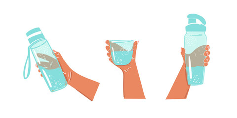 Water bottle in hand on an isolated background. Daily water balance. Water bottles for sports. Glass of water in hand. Drink during sports. Background for a site. Vector.