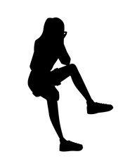 Black silhouette young girl in sitting pose wearing casual clothes cartoon character fashion female model design flat vector illustration isolated on white background