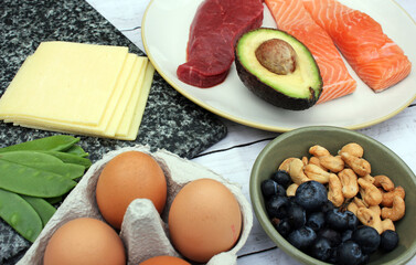 keto or ketogenic low carb atkins paleo style diet protein based meat fish dairy eggs veg berries and nuts