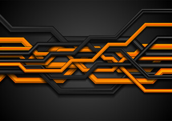 Orange and black 3d circuit board lines abstract tech background. Vector design