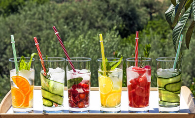 Iced summer drink. Refreshing multicolored alcol-free cocktails in glasses with straws. Watermelon,cucumber, lemon, orange, strawberry cocktail on white tray on nature tropical trees background