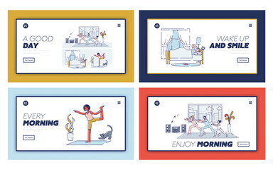 Fototapeta na wymiar Set of landing pages with morning activities - waking up, doing yoga, stretching, exercising at home
