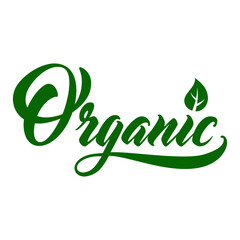 Fototapeta premium Organic Hand lettering. Handmade vector calligraphy. Hand drawn word organic with green leaf for organic products, healthy food markets.