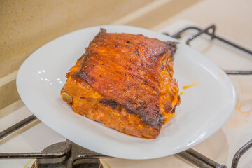 Juicy appetizing fat pork ribs for lunch or dinner