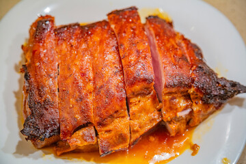 Juicy appetizing fat pork ribs for lunch or dinner