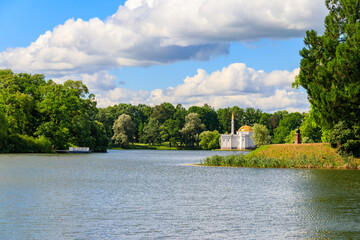 Big pond with Turkish Bath pavilion on a coast in the Catherine Park in Tsarskoye Selo, Pushkin,...