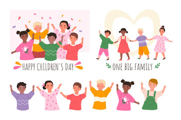 Children's Day celebration colorful scenes with diverse young kids cheering and waving or partying in three different scenes, colored vector illustration