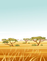 Landscape savanna background with clear sky yellow grass and green tree flat vector illustration cartoon style vertical design