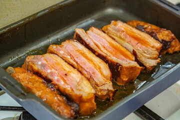 Juicy appetizing fat pork ribs for lunch or dinner