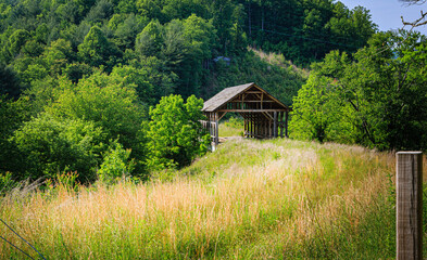 Covered wooden bridge in forest.