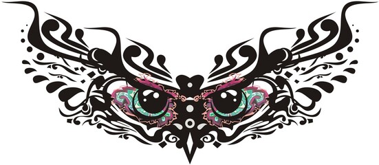 Beautiful flaming ornamental owl eyes. Abstract mystery owl head on a white background for carnival mask, tattoo, prints on t-shirts, textile, posters, decorative compositions, etc.