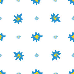 Seamless pattern with blue Edelweiss flowers on white background. Hand drawn Alpine mountain flora. Vector illustration