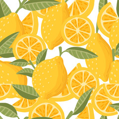 Seamless pattern of lemon citrus yellow fruit whole halved and sliced with green leaves flat vector illustration on white background