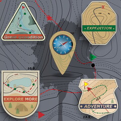 Travelers signs with compass and navigation in vintage style. Map in the style of dotted lines.
