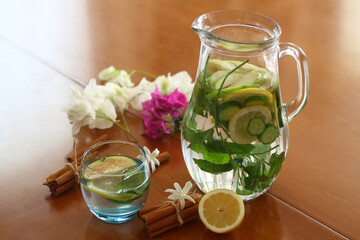Health care, fitness, healthy eating concept. Fresh cool lemon cucumber drink with water, cocktail,...