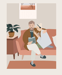Couple relaxing at home vector illustration. Romantic cozy atmosphere for married people. Man hugs his wife at sofa while reading book. Girl in a plaid listens music with headphones and cuddel her guy