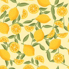 Seamless pattern of lemon citrus yellow fruit whole halved and sliced with green leaves flat vector illustration on beige background