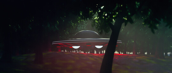 an unidentified flying object lands in a forest (3d rendering) © rtype