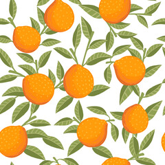 Seamless pattern of whole orange citrus with green leaves flat vector illustration on white background