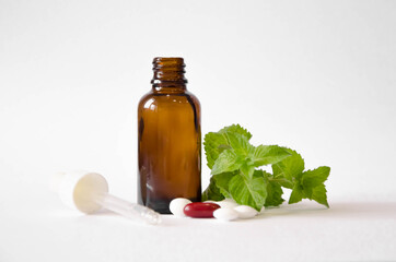 mint in a glass. cinnamon lies next to a white background