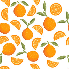 Seamless pattern of orange citrus yellow fruit whole halved and sliced with green leaves flat vector illustration on white background