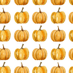 Watercolor set of ripe pumpkins. Hand-drawn illustration isolated on the white background. Delicious bright vegetables.