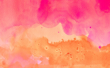 Obraz premium Colorful orange and hot pink watercolor background texture in abstract painting design of fringe bleed and paint stains, messy grunge watercolor texture design