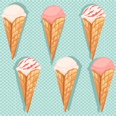 Seamless pattern of ice cream flavors in waffle cones with different color flat vector illustration on turquoise dotted background