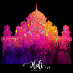 Colorful gulaal (powder color) indian festival for Happy Holi card with gold patterned and crystals on paper color Background.