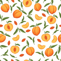 Seamless pattern of peach whole and sliced with green leaves flat vector illustration on white background