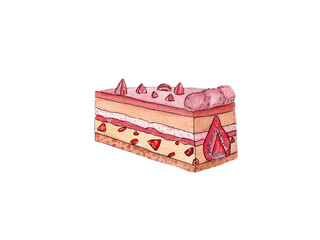 A piece of delicious strawberry cake isolated on a white background. Watercolor drawing for illustrations on the topic of food and desserts.
