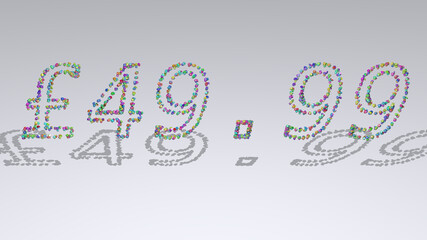 £49.99: 3D illustration of the text made of small objects over a white background with shadows