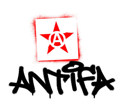 Red star stencil and ANTIFA tag spray paint graffiti. Common name for militant and radical antifascists, communists, leftists and anarchists.