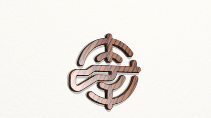 shooting rifle aim made by 3D illustration of a shiny metallic sculpture on a wall with light background. camera and black