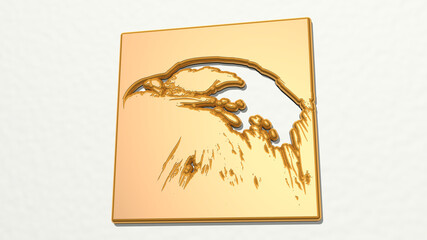 EAGLE HEAD made by 3D illustration of a shiny metallic sculpture on a wall with light background. bird and animal