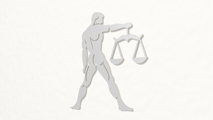 man holding justice balance on the wall. 3D illustration of metallic sculpture over a white background with mild texture. woman and hand