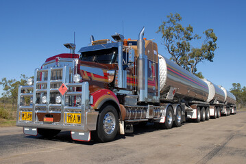 Road train parked at the roadside in the outback, Queensland, Australia
