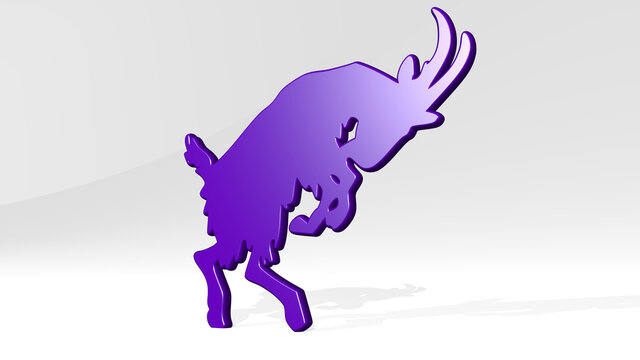 GOAT PLAYING from a perspective on the wall. A thick sculpture made of metallic materials of 3D rendering. animal and illustration