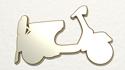 SCOOTER MOTORBIKE on the wall. 3D illustration of metallic sculpture over a white background with mild texture. city and electric