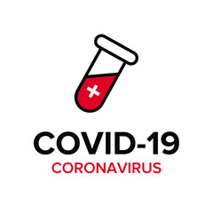 Vector illustration of a dangerous virus - Coronavirus (Covid-19). Lettering concept for typography. Pandemic, global danger and quarantine. Virus medicine logo design. Test tube with drug.