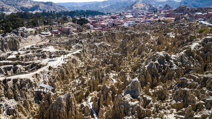 Aerial view of the Moon Valley in La Paz. Beautiful rock formations in Bolivia