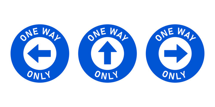 Set of One Way Only Round Floor Marking Adhesive Sticker Icon with Direction Arrow and Text. Vector Image.