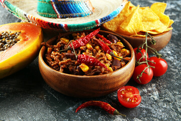 Hot chili con carne. mexican food tasty and spicy.