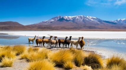 Llamas in the lagoon Hedionda, Bolivia. Llamas in beautiful landscape with lake and mountains in the Bolivian desert - obrazy, fototapety, plakaty