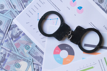 top view handcuffs against the background of charts and hundred-dollar bills