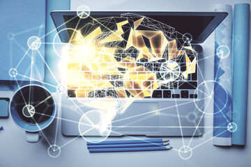 Multi exposure of brain sketch hologram over topview work table background with computer. Concept of big data.