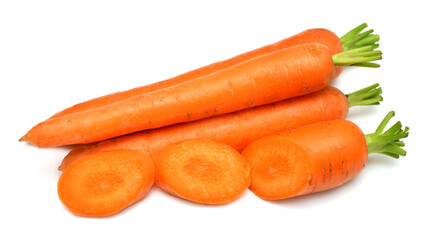 Carrot whole and sliced isolated on white background. Creative healthy food concept. Nature, juice. Top view, flat lay