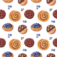 Seamless sweet pattern with shortbread with chocolate glaze and peanuts, Cinnabon, chocolate cookie with chocolate drops and puff pastry with blueberry. Watercolor illustration isolated on white. 