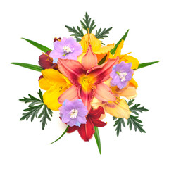 Collection of flowers delphinium and hemerocallis isolated on a white background. Stylish floral arrangement. Flat lay, top view